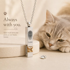 Personalized cat nose print necklace engraved with Luna and a golden birthstone beside a relaxed cat