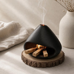 Black ceramic Palo Santo burner displayed on a natural wood slice in a warm Wabi-Sabi interior