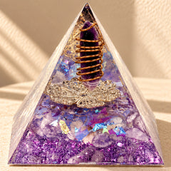 Family Harmony orgonite pyramid with amethyst and dried lilac styled as peaceful home decor