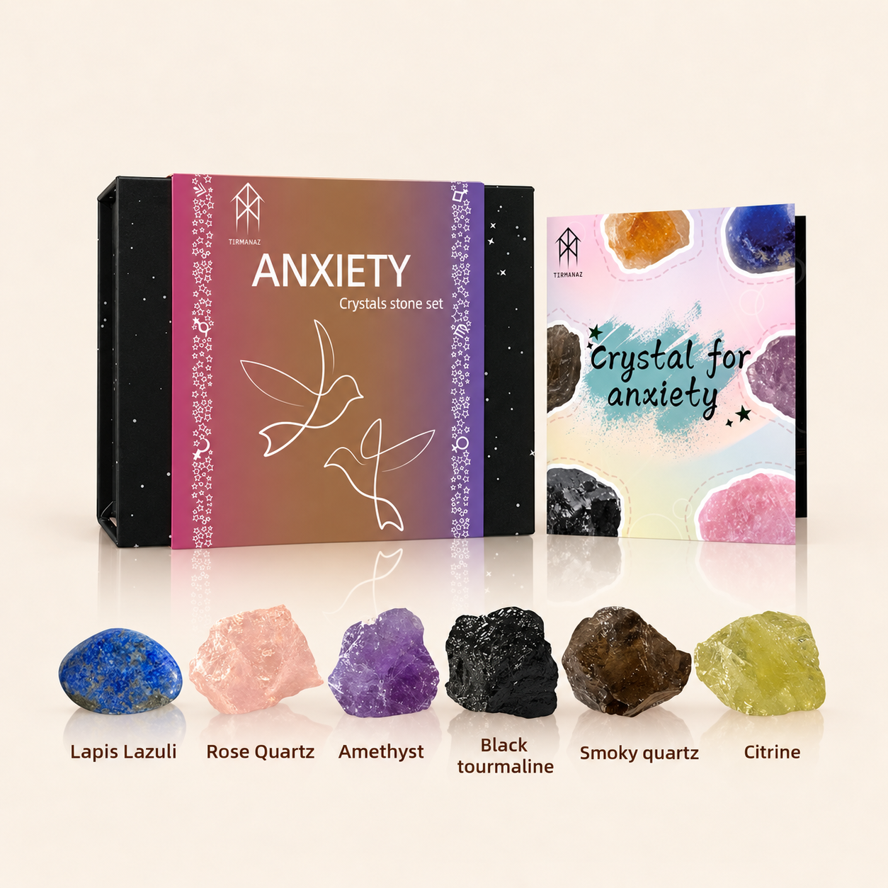 Natural crystal healing set with six intention-themed gift box options