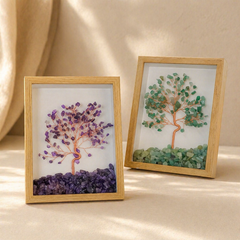 Crystal tree of life frame decor set with amethyst and green aventurine gemstone trees in wooden frames