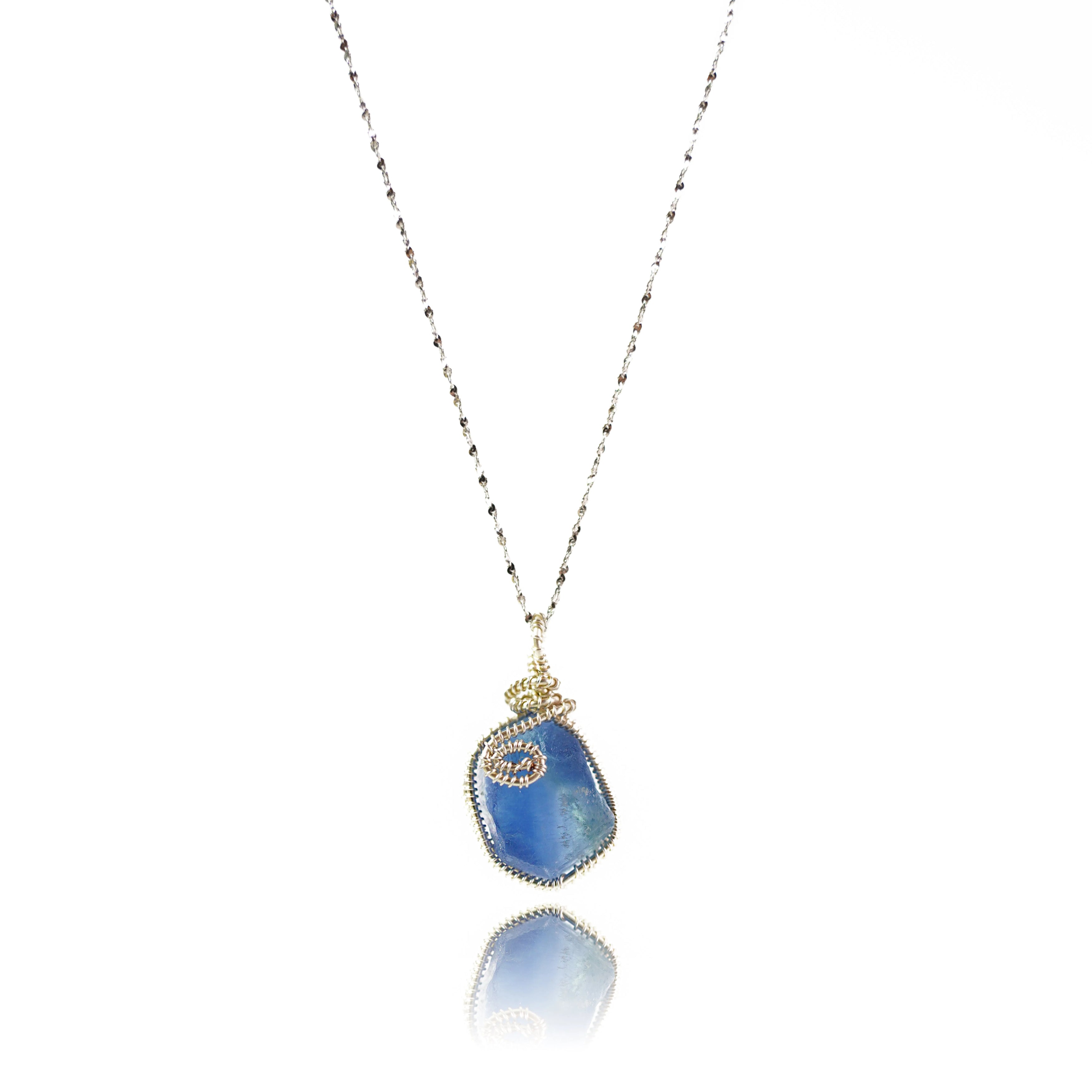 Starborn raw blue fluorite necklace hand-wrapped in silver
