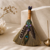 Amethyst Peacock Feather Witch Broom displayed beside incense holder for spiritual protection and intuition decor.