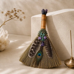 Amethyst Peacock Feather Witch Broom displayed beside incense holder for spiritual protection and intuition decor.