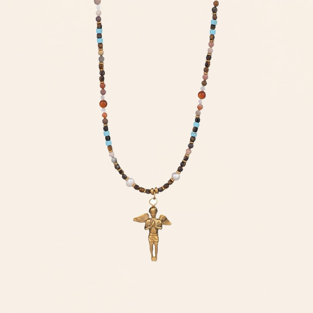 Angel gemstone necklace with gold guardian charm and multicolor natural stone beads