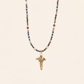 Angel gemstone necklace with gold guardian charm and multicolor natural stone beads