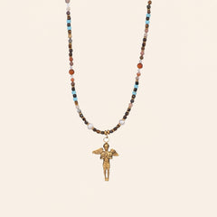 Angel gemstone necklace with gold guardian charm and multicolor natural stone beads