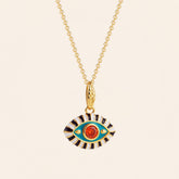 Aqua enamel evil eye pendant necklace with red zircon center stone and 18K gold plated chain.