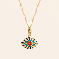 Aqua enamel evil eye pendant necklace with red zircon center stone and 18K gold plated chain.