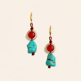 red agate and turquoise handmade earrings with copper hooks on a light cream background.