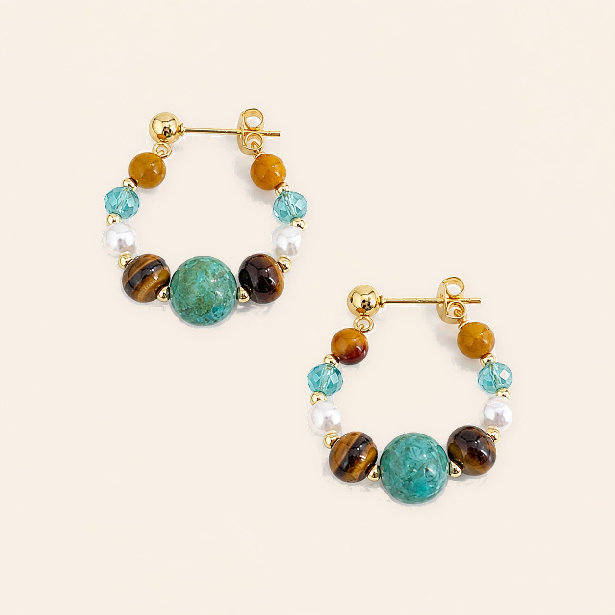 tiger eye and turquoise hoop earrings with gold tone details for confidence and abundance jewelry