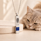Personalized cat nose print necklace engraved with Luna and a blue birthstone beside a relaxed cat