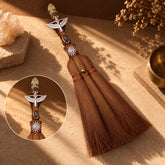 Rose Quartz crystal point witch broom with natural straw and angel wing charm