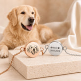 Personalized pet memorial bracelet in rose gold and silver, featuring an engraved golden retriever portrait and custom name and dates, displayed on ivory stone with a golden retriever in the background.