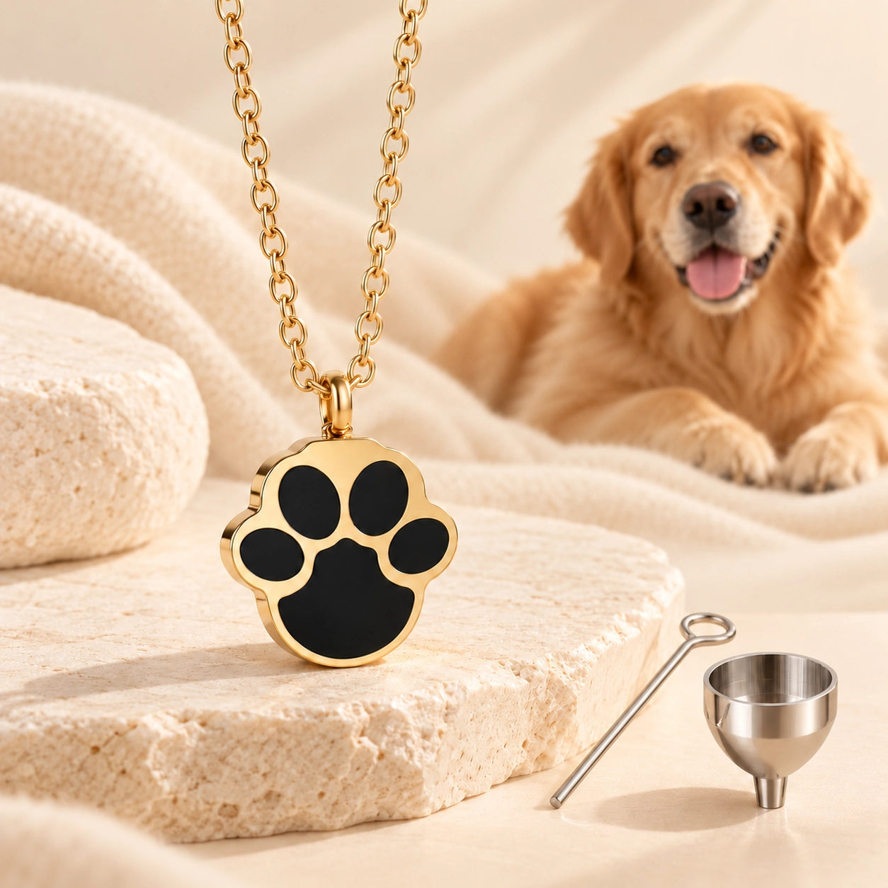 Pet memorial ash keepsake necklace with gold paw print pendant and golden retriever in soft neutral setting