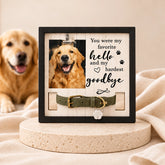 Pet memorial frame with collar holder displaying a treasured dog photo and collar keepsake