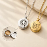 Personalized pet portrait keepsake necklaces in silver and gold, featuring custom engraved dog and cat portraits on round pendants against a warm ivory stone backdrop.