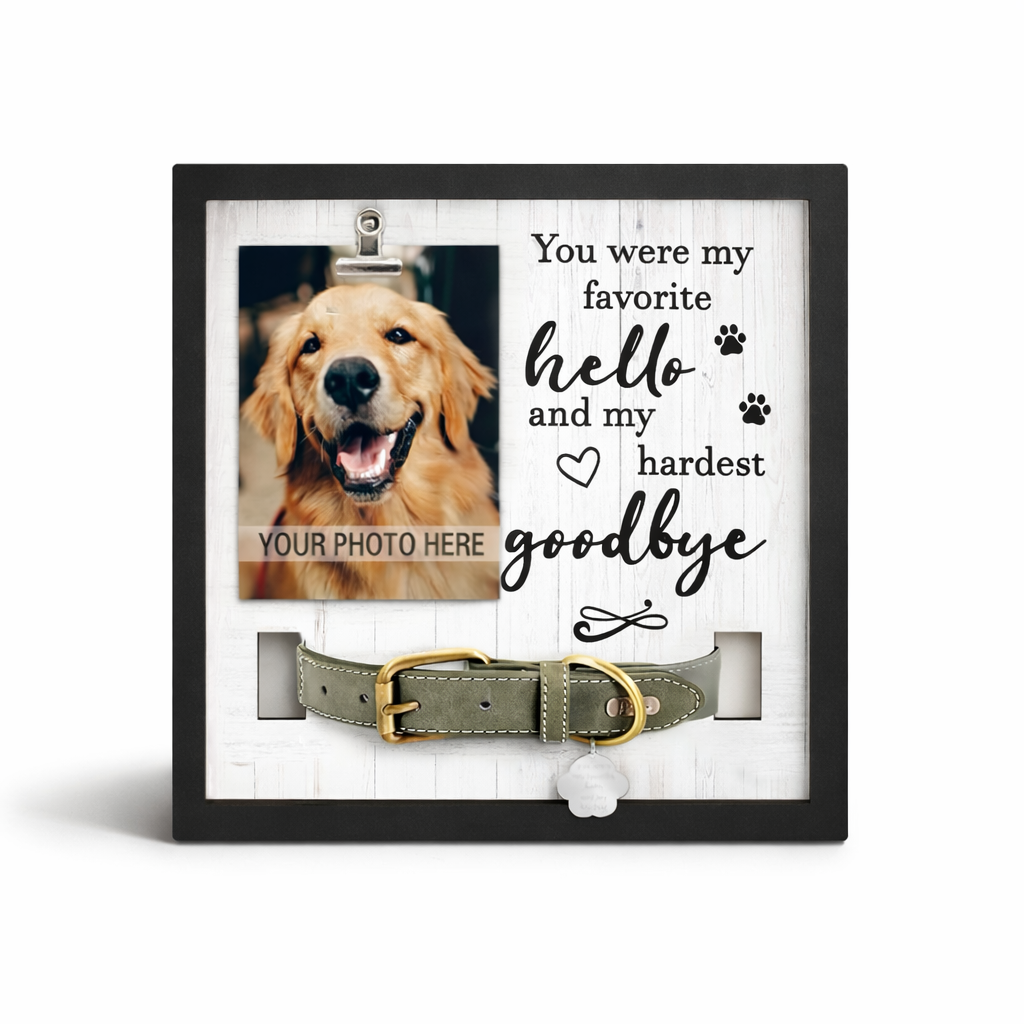 wooden pet memorial frame with dog photo display and collar holder on white background