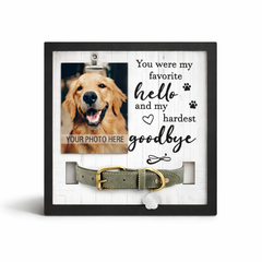 wooden pet memorial frame with dog photo display and collar holder on white background
