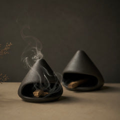Black Mount Fuji Ceramic Incense Burner with rising smoke for Palo Santo, sage, and meditation decor.