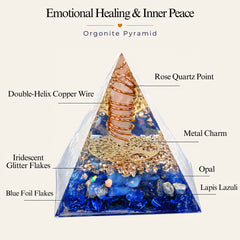 Inner peace orgonite pyramid with rose quartz, lapis lazuli, opal, double-helix copper coil and blue foil details