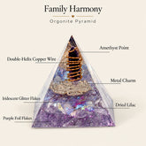 Family Harmony orgonite pyramid diagram with amethyst, dried lilac, double-helix copper wire, purple foil and iridescent glitter details
