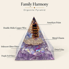 Family Harmony orgonite pyramid diagram with amethyst, dried lilac, double-helix copper wire, purple foil and iridescent glitter details