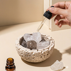 Hand dropping liquid into a bowl with crystals, surrounded by additional crystals and a bottle on a neutral background