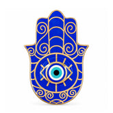 Blue Hamsa Evil Eye Ceramic Trinket Dish with protective eye symbol, glossy ceramic finish, and gold detailing.
