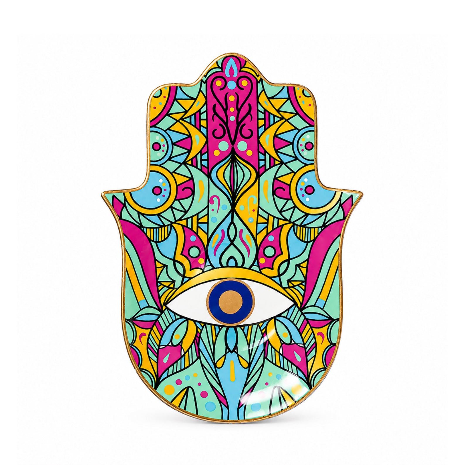 Colorful Hamsa Evil Eye Ceramic Trinket Dish with protective eye symbol, glossy ceramic finish, and vibrant spiritual pattern.