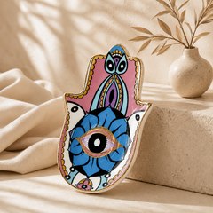 Pastel Hamsa Evil Eye Ceramic Trinket Dish with blue pink design, protective eye symbol, and glossy ceramic finish.