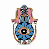 Pastel Hamsa Evil Eye Ceramic Trinket Dish with protective eye design styled as soft spiritual home decor beside fabric.