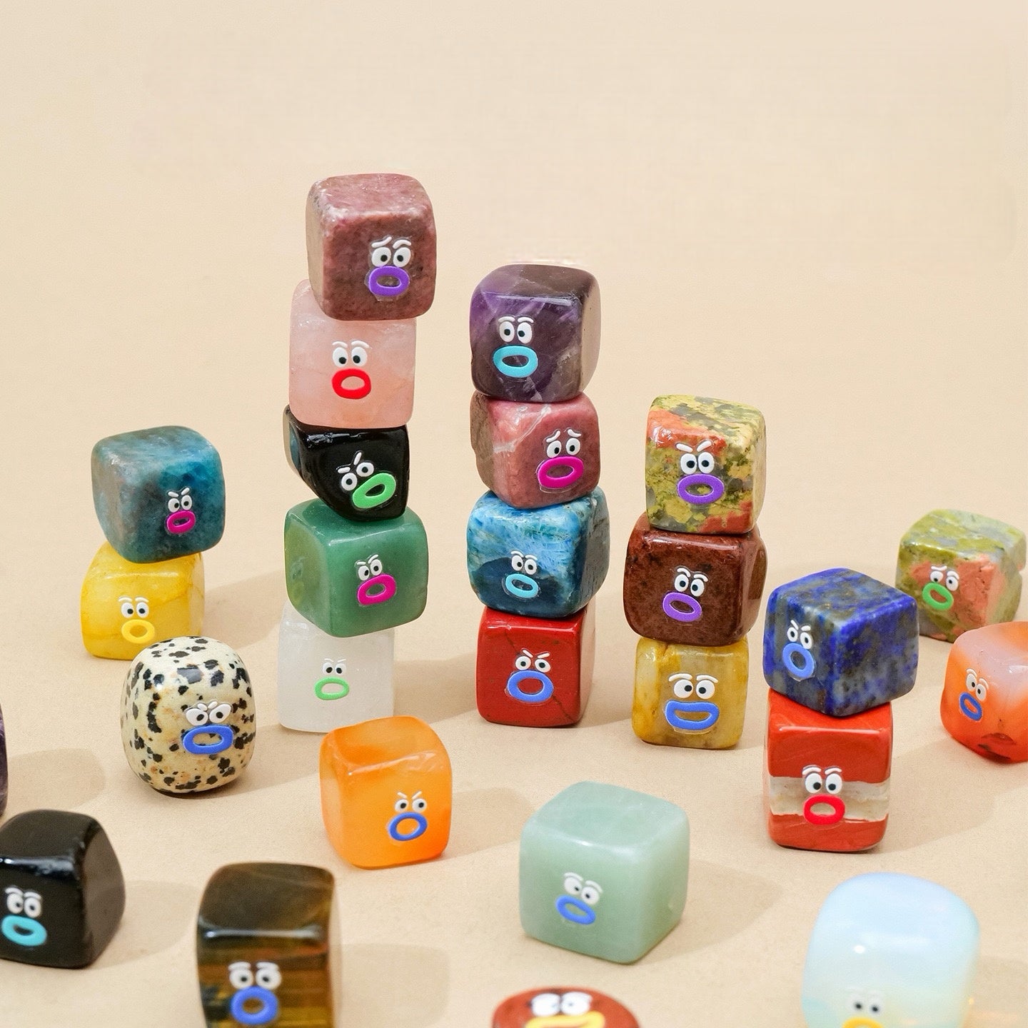 Cute natural crystal cube desk companions arranged together, colorful crystal pets for stress relief and emotional comfort