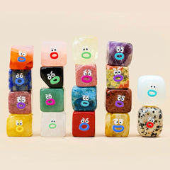 Cute natural crystal cube desk companions arranged together, colorful crystal pets for stress relief and emotional comfort
