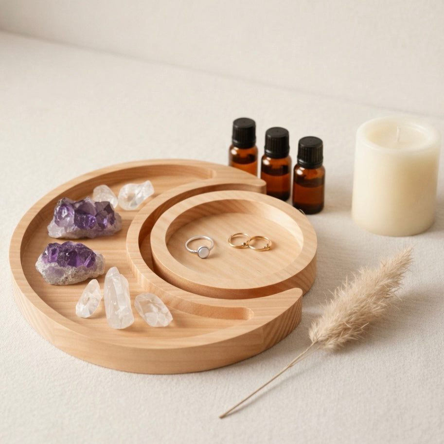 wooden moon sun ritual tray for crystal cleansing and energy work