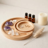 wooden moon sun ritual tray for crystal cleansing and energy work