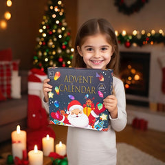 Child holding an Advent calendar in a festive room with Christmas decorations.