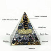 Handmade Black Obsidian Orgonite Pyramid with gold foil for protection and wealth.