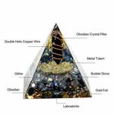 Protection and energy shield orgonite pyramid diagram showing obsidian crystal pillar, labradorite, copper wire, gold foil and decorative elements