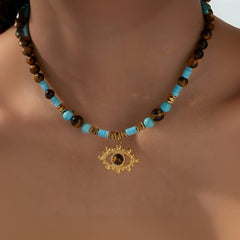 Evil Eye Tiger's & Turquoise Necklace | Protective Spiritual Jewelry - Auratract