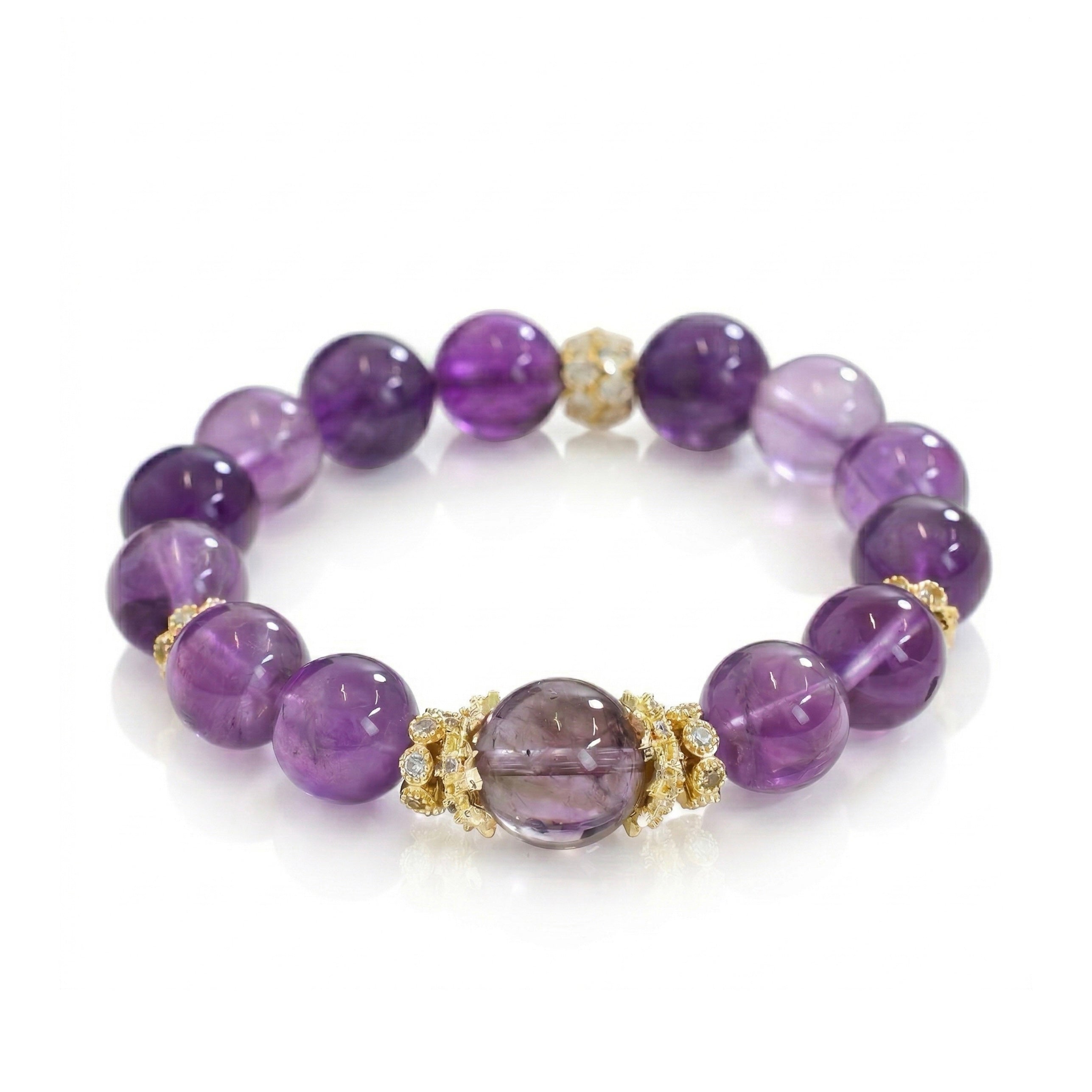 Uruguayan Amethyst Quartz bracelet with gold accents on a white background