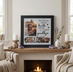 pet memorial picture frame with dog photo and collar displayed on a mantel as remembrance home decor