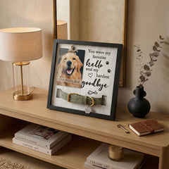 dog memorial frame with collar holder and photo display placed on a wooden console table