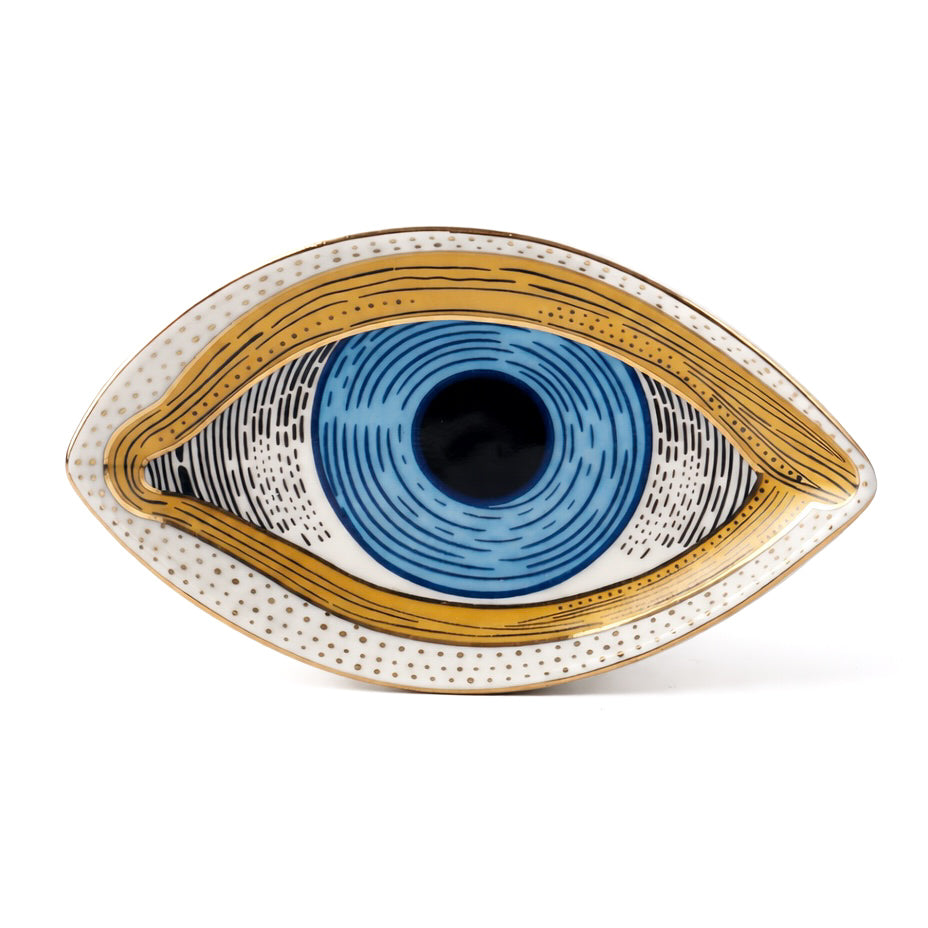classic blue evil eye ceramic tray on white background