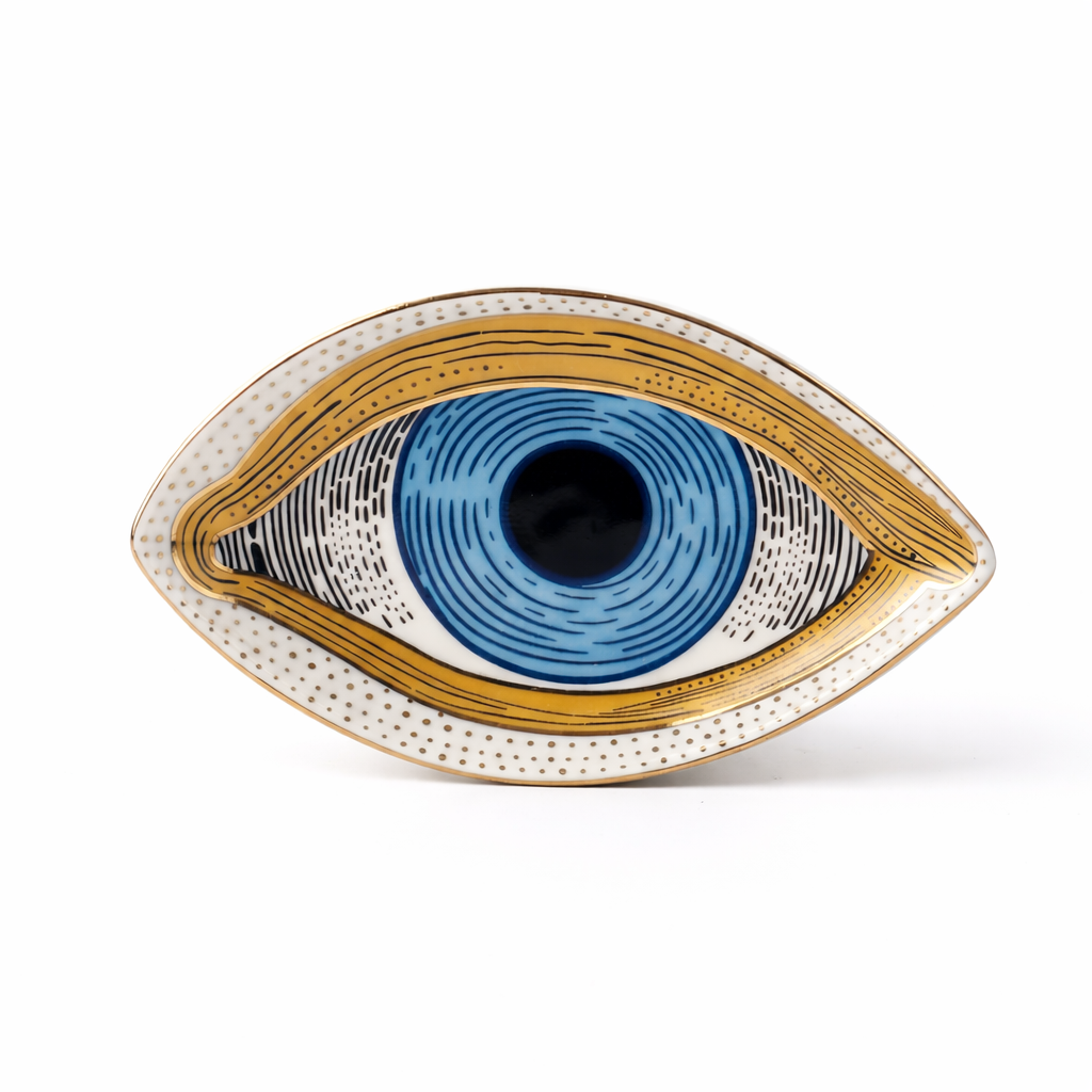 classic blue evil eye ceramic tray on white background