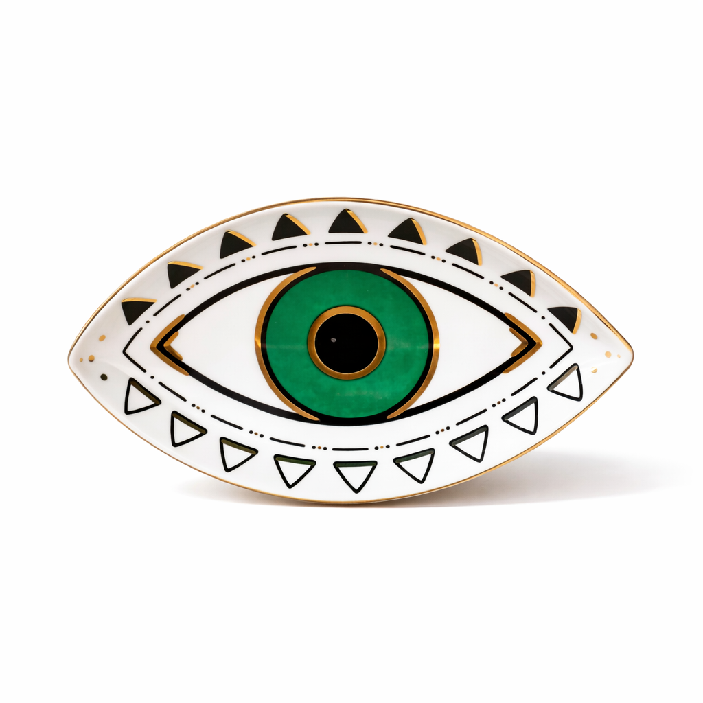green evil eye ceramic tray on white background