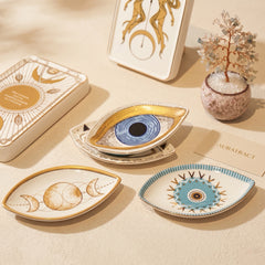 celestial ceramic tray collection styled in an elevated spiritual home decor setting