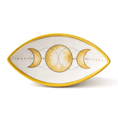 Triple Moon ceramic ritual tray for crystals and sage, spiritual eye shaped jewelry dish with gold crescent moon symbols.