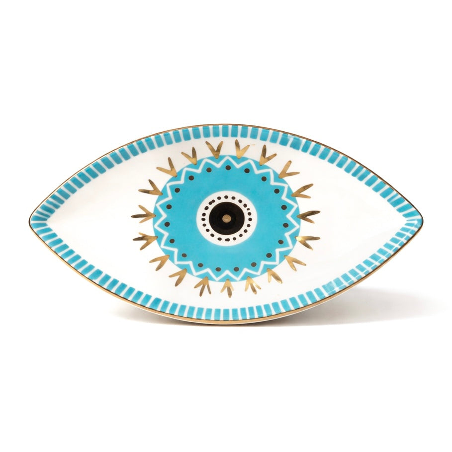 blue evil eye ceramic tray with gold detailing on white background