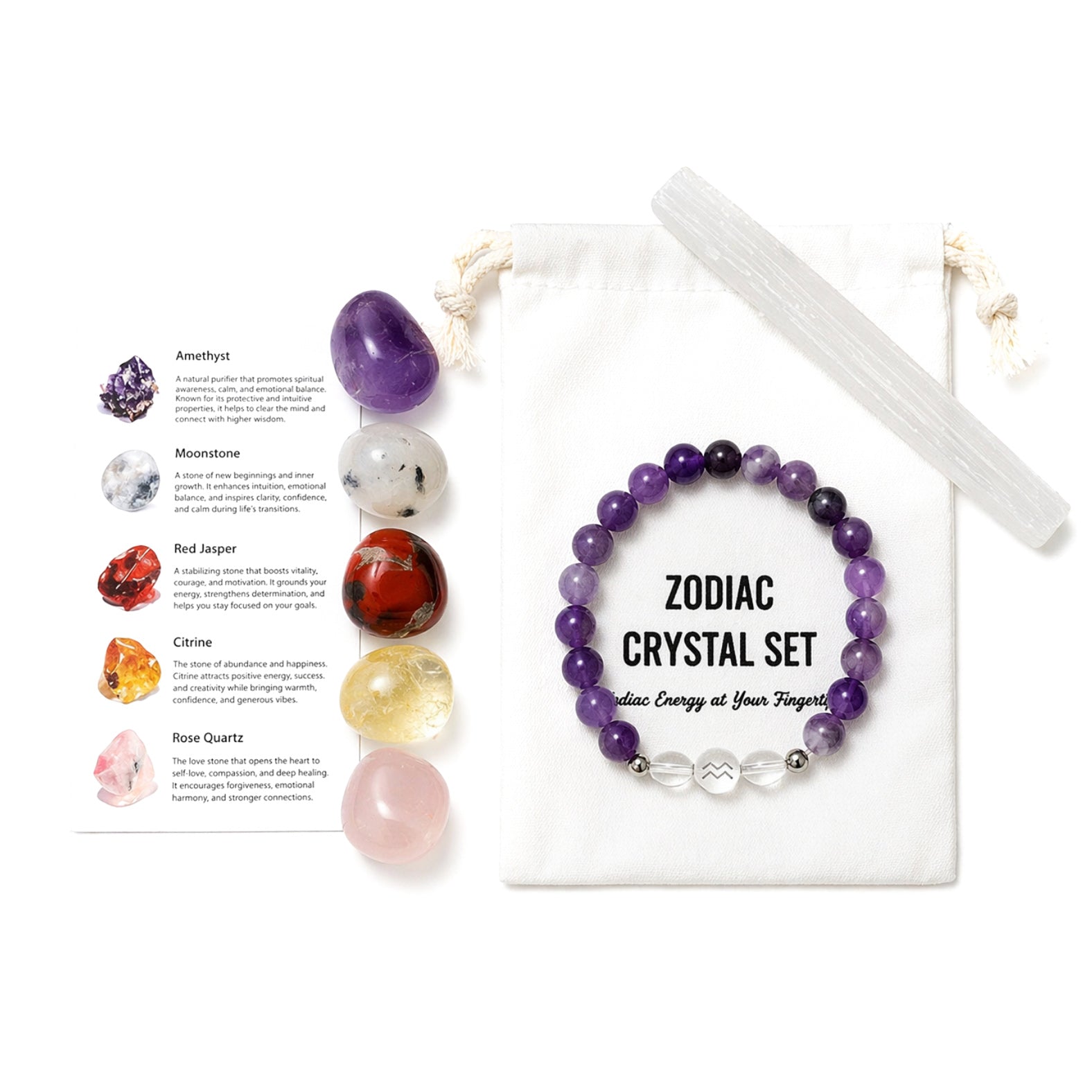 Zodiac crystal set with bracelet and crystals on a white background